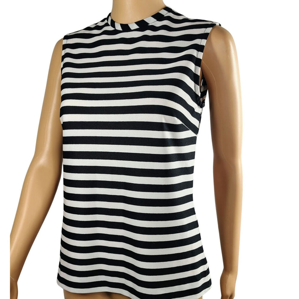 1960s Mod Black White Horizontal Striped Sleeveless High Neck Zip Up Top Size Sm